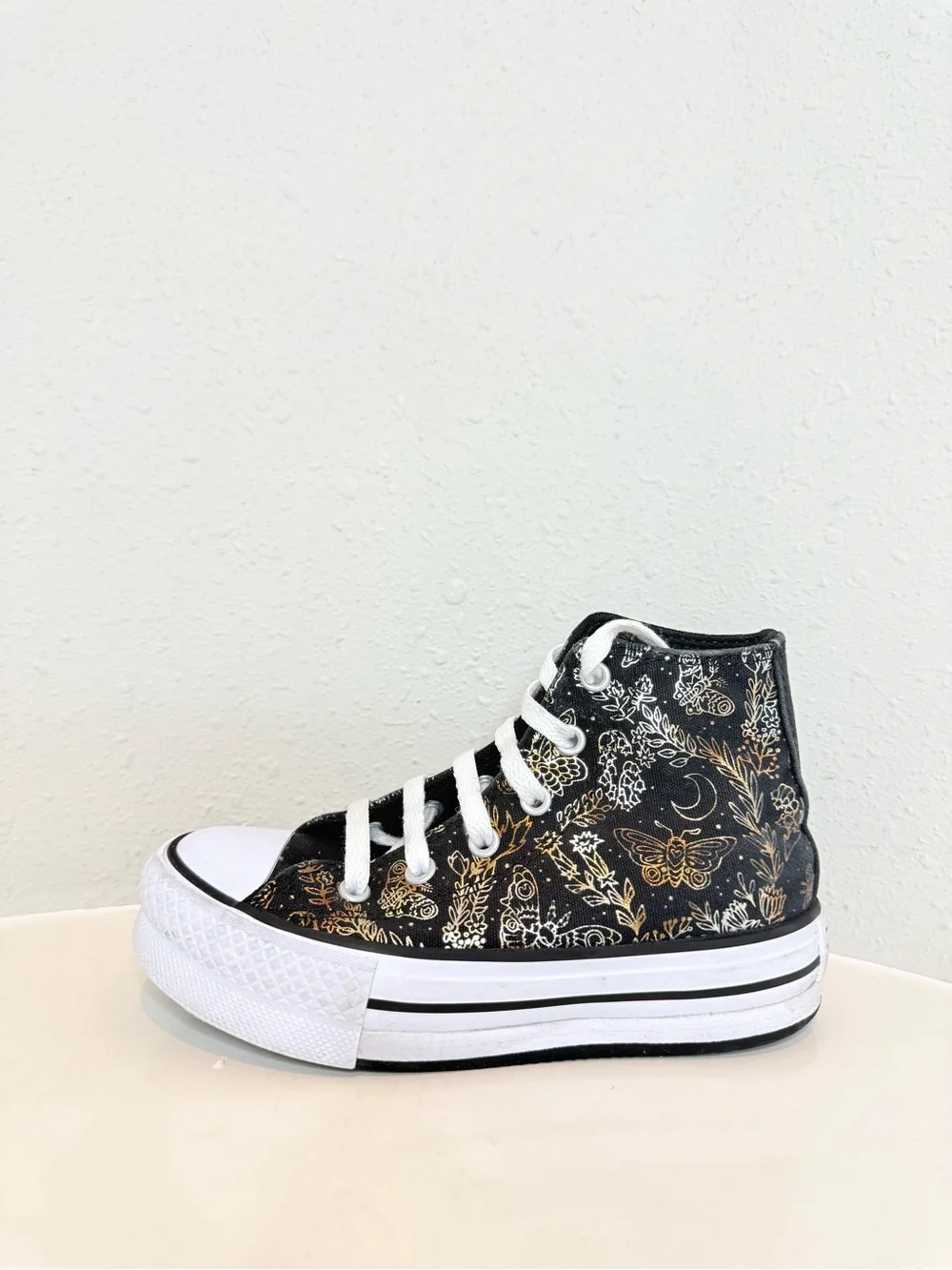 Converse Kids Eva Lift Unisex High Top Black Gold Butterfly Sneakers Size 13